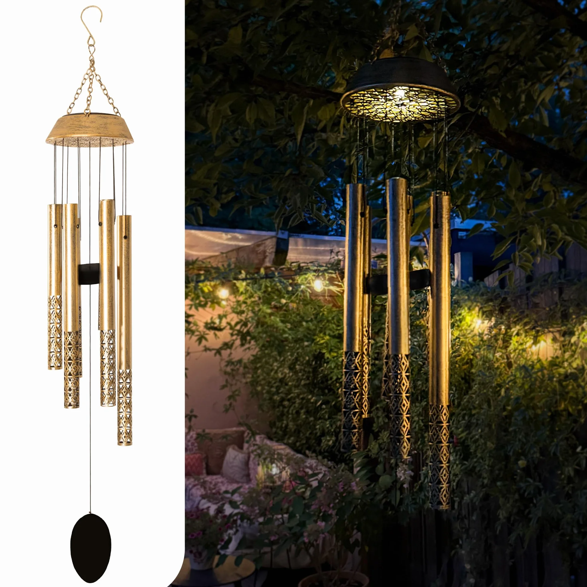 Gadgy Scacciapensieri Solare con LED – Campanella a Vento da Esterno in Alluminio & Legno – Decorazione da Giardino, Balcone & Terrazza Resistente alle Intemperie