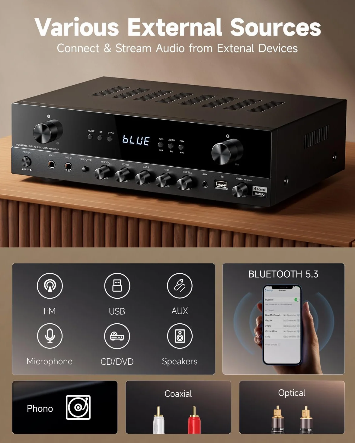 Donner Amplificatore Stereo 2 Canali 600W Picco Bluetooth 5.3 Phono Ottico Coassiale USB FM MAMP2