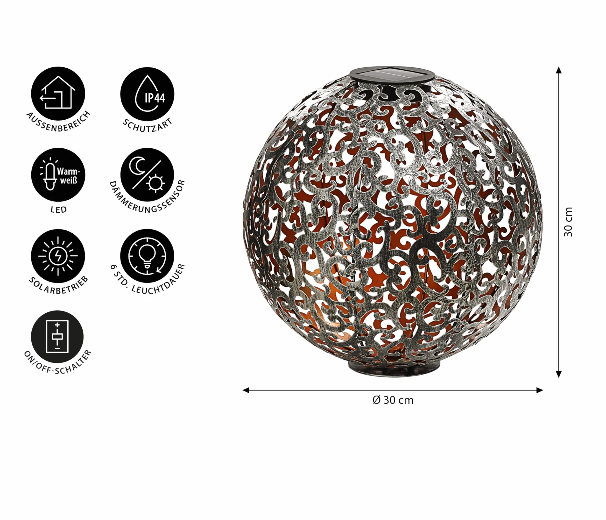 Dehner - Sfera Solare Luanda, Ø 30 cm, Metallo, Argento/Rame