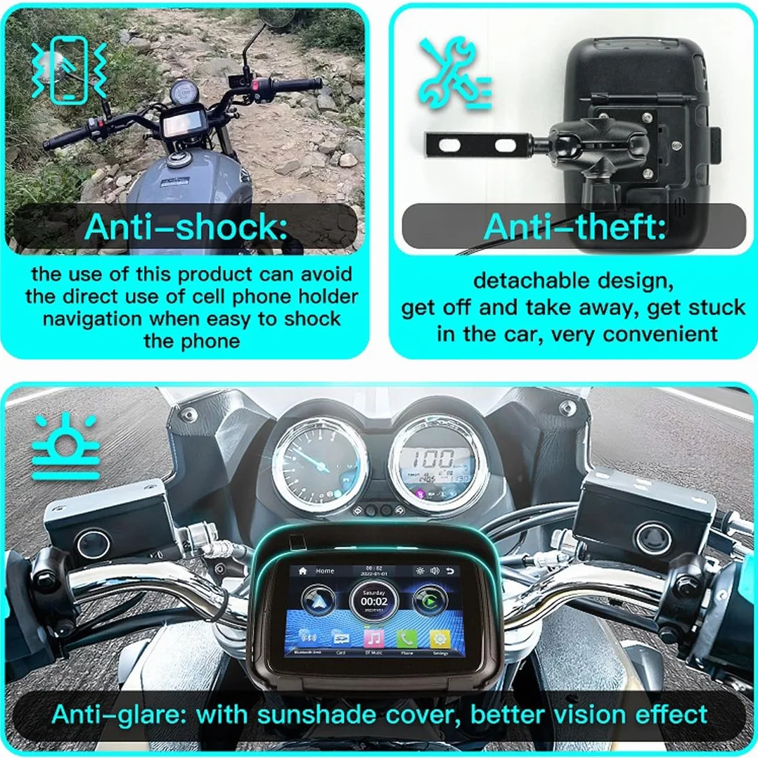 PolarLander Monitor per Moto Portatile 5'' IPS Impermeabile IPx6 Compatibile con Wireless Apple Carplay e Android Auto Dual Bluetooth
