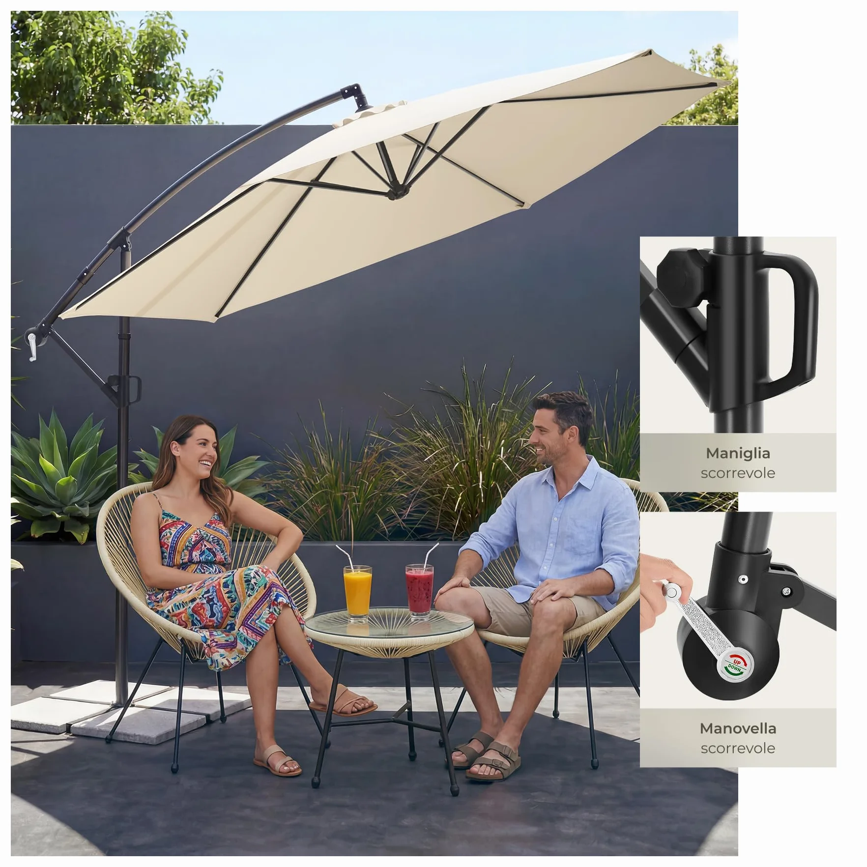 tectake® Ombrellone da Giardino 3x3 m, Ombrellone a Braccio Girevole 360°, Protezione UV 50+, Idrorepellente, Inclinabile, Base in Acciaio a Croce, Manovella, Arredamento Giardino