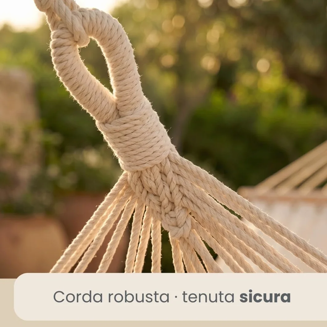 Amaca XXL 200x120 cm Beige Dondolo Doppio 2 Persone 150kg Cotone Robusto Esterno Interno Balcone Giardino