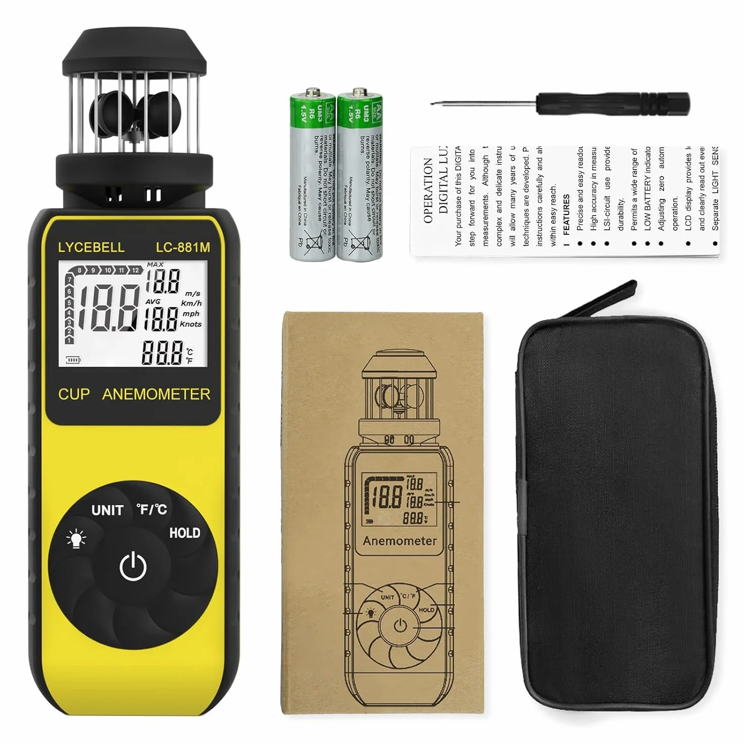 ‌Anemometro Digitale Portatile LC-881M, Misuratore di Velocità del Vento e Temperatura con Bussola Integrata, 360° Direzione Vento per Esterni, Droni, Nautica, Surf, Pesca, Montagna‌