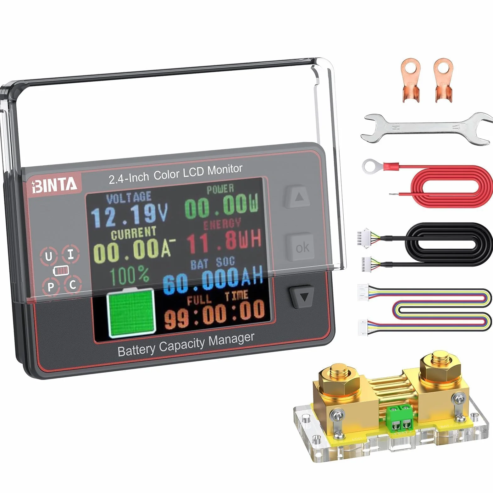 BINTA Shunt Monitor 500A 8-100V 2,4 Pollici Schermo a Colori per Batteria Lifepo4 Litio Gel Impermeabile