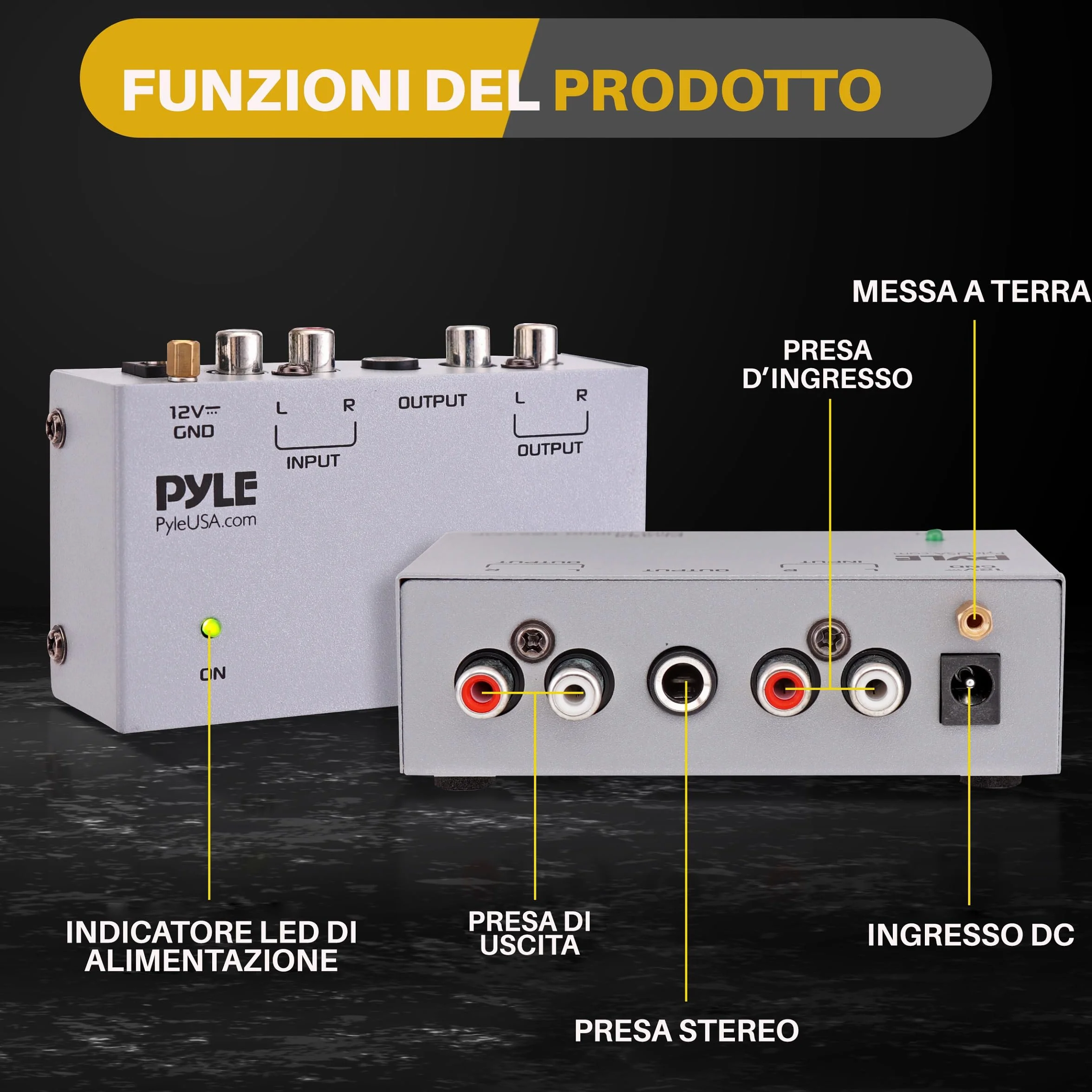 Pyle Preamplificatore Phono Mini per Giradischi con Ingressi e Uscite RCA, Basso Rumore, 12V DC, Grigio