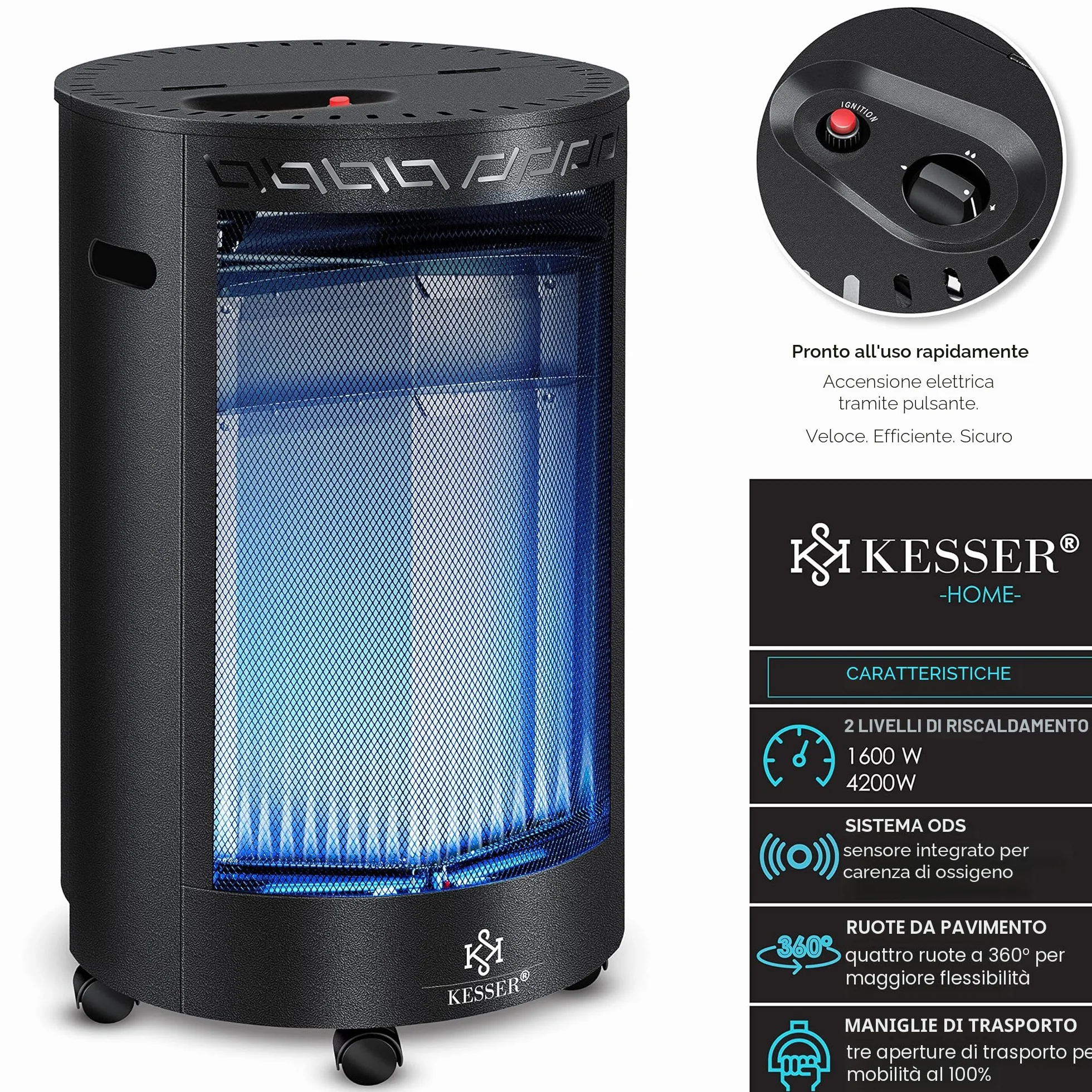 KESSER® Stufa a Gas in Ceramica da 4200 Watt radiante, incl. regolatore di Pressione del Gas, Tubo Flessibile - Riscaldatore a Gas, Generatore di Calore Nero