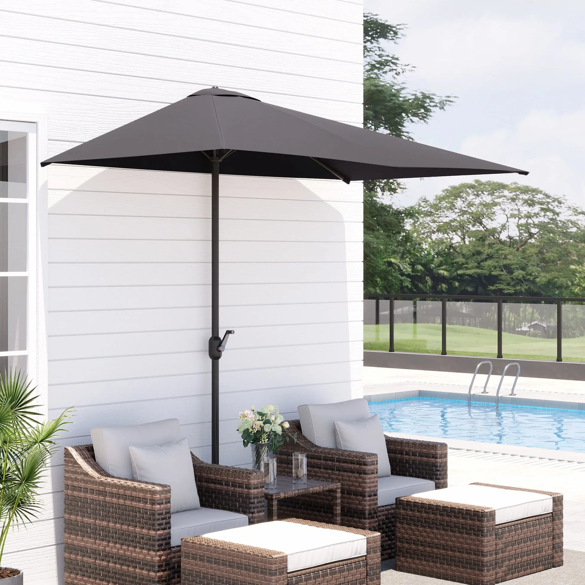 Outsunny Ombrellone Mezzaluna da Parete e Muro 2.3x1.3 m con Apertura a Manovella, Ombrellone da Giardino con 5 Stecche in Metallo e Poliestere 180g/㎡, Anti UV, per Terrazza e Balcone
