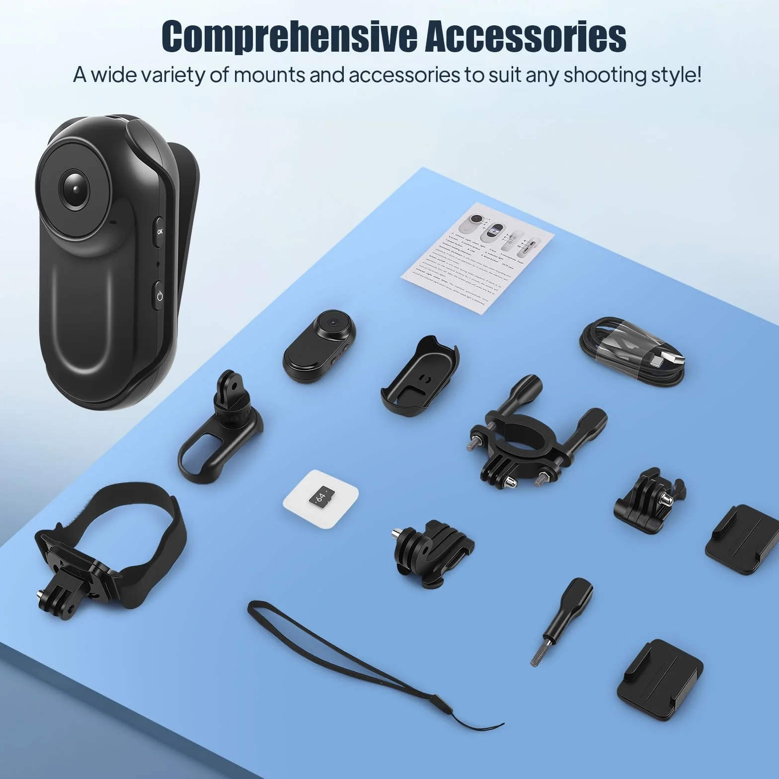 Mini Action Cam 1080P Fotocamera corporea con magnete e accessori per casco moto bicicletta sport impermeabile con scheda SD 64GB