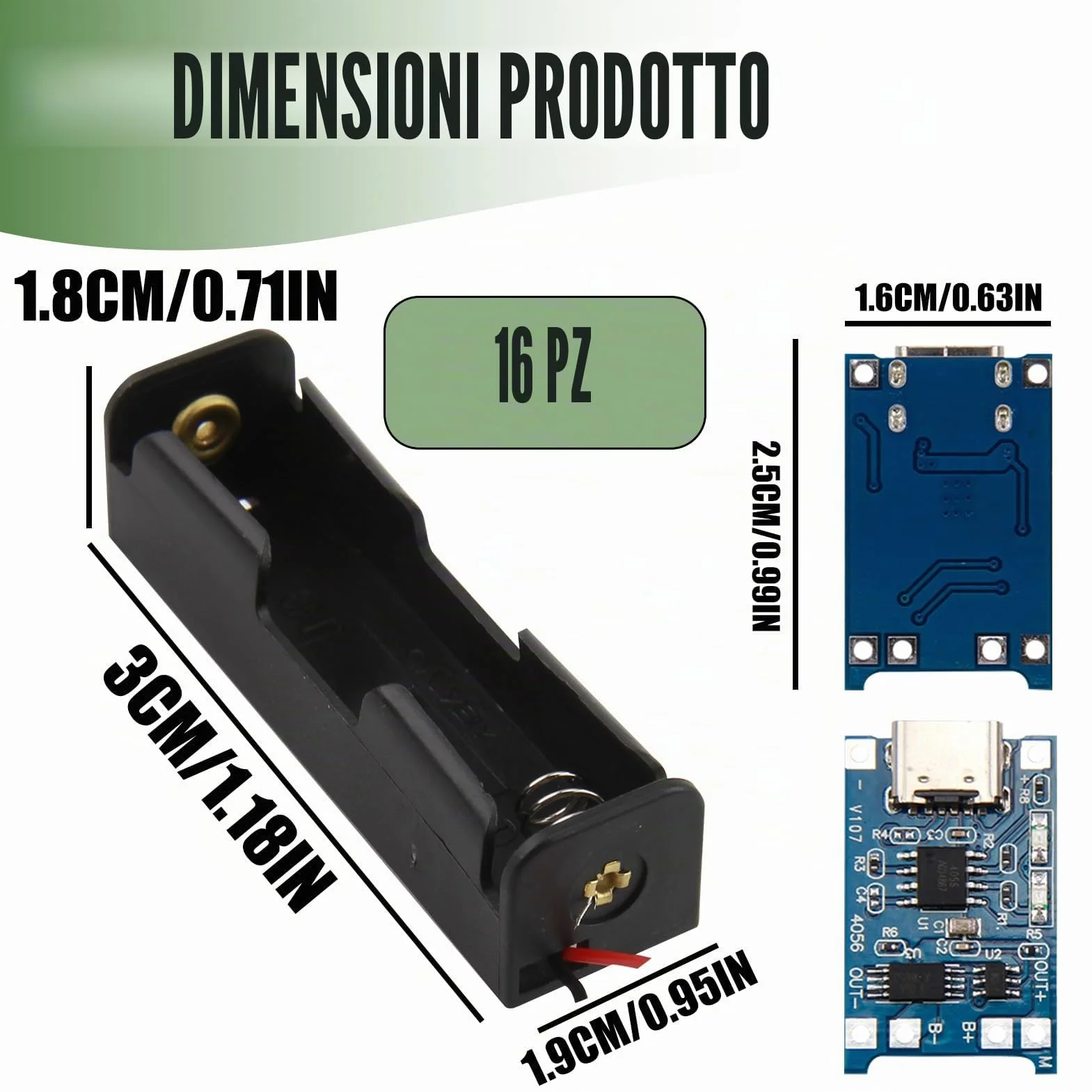 Porta Batterie 3.7V 18650 Custodia Plastica con Slot Singolo + 10 Moduli Caricabatterie USB Tipo-C 5V 1A, Custodie e Cavi Inclusi