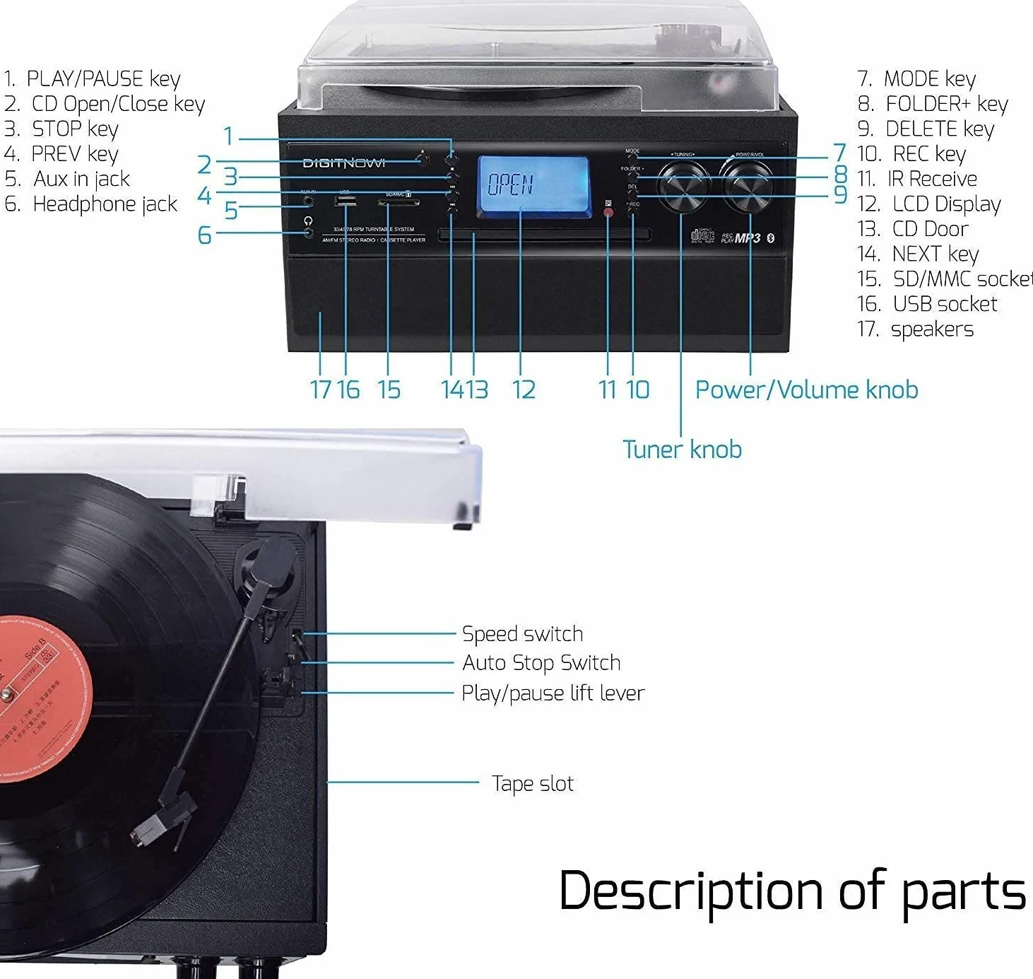 Giradischi Bluetooth DigitNow per CD Cassette Radio AM/FM con Altoparlanti Stereo