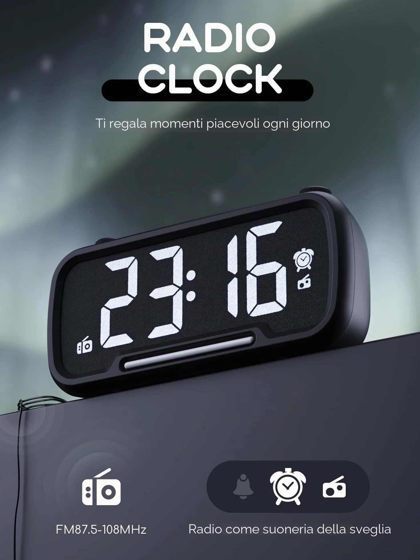 ROCAM Sveglia Digitale da Comodino Radiosveglia Orologio Digitale da Tavolo Funzionamento a rete Dimmer Luce notturna USB Tipo-C DST Batteria di Backup Radio da Cucina