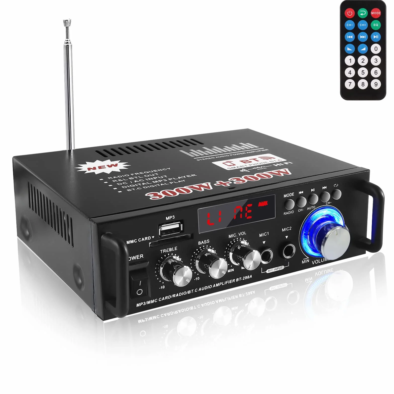 Amplificatore Audio HiFi 600W Stereo Bluetooth 5.0 12V 220V 2 Canali Display LCD Radio FM Portatile