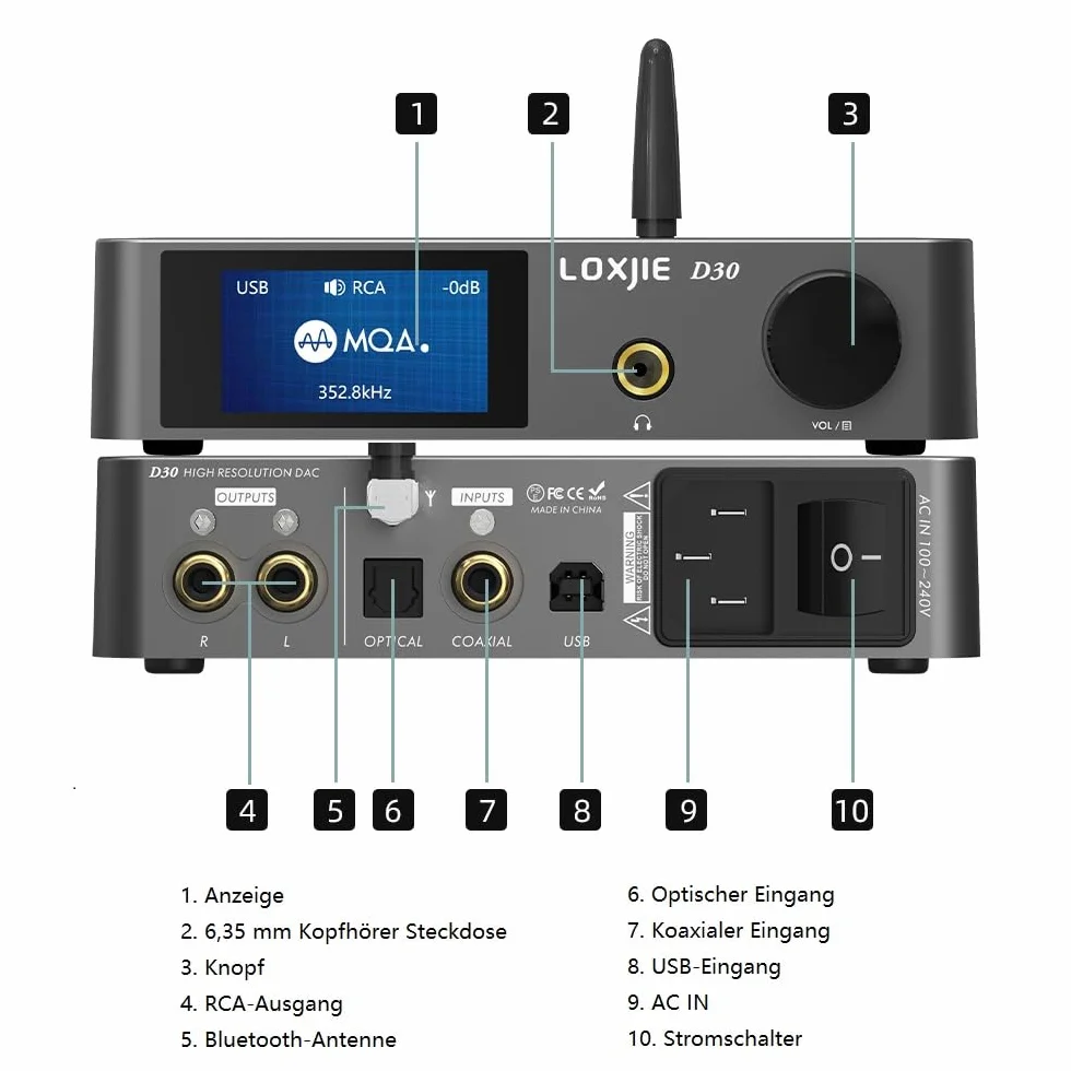LOXJIE D30 DAC audio amplificatore cuffie ES9068AS XMOS PCM 32bit/768kHz MQA DSD512 Bluetooth 5.0 APT-X