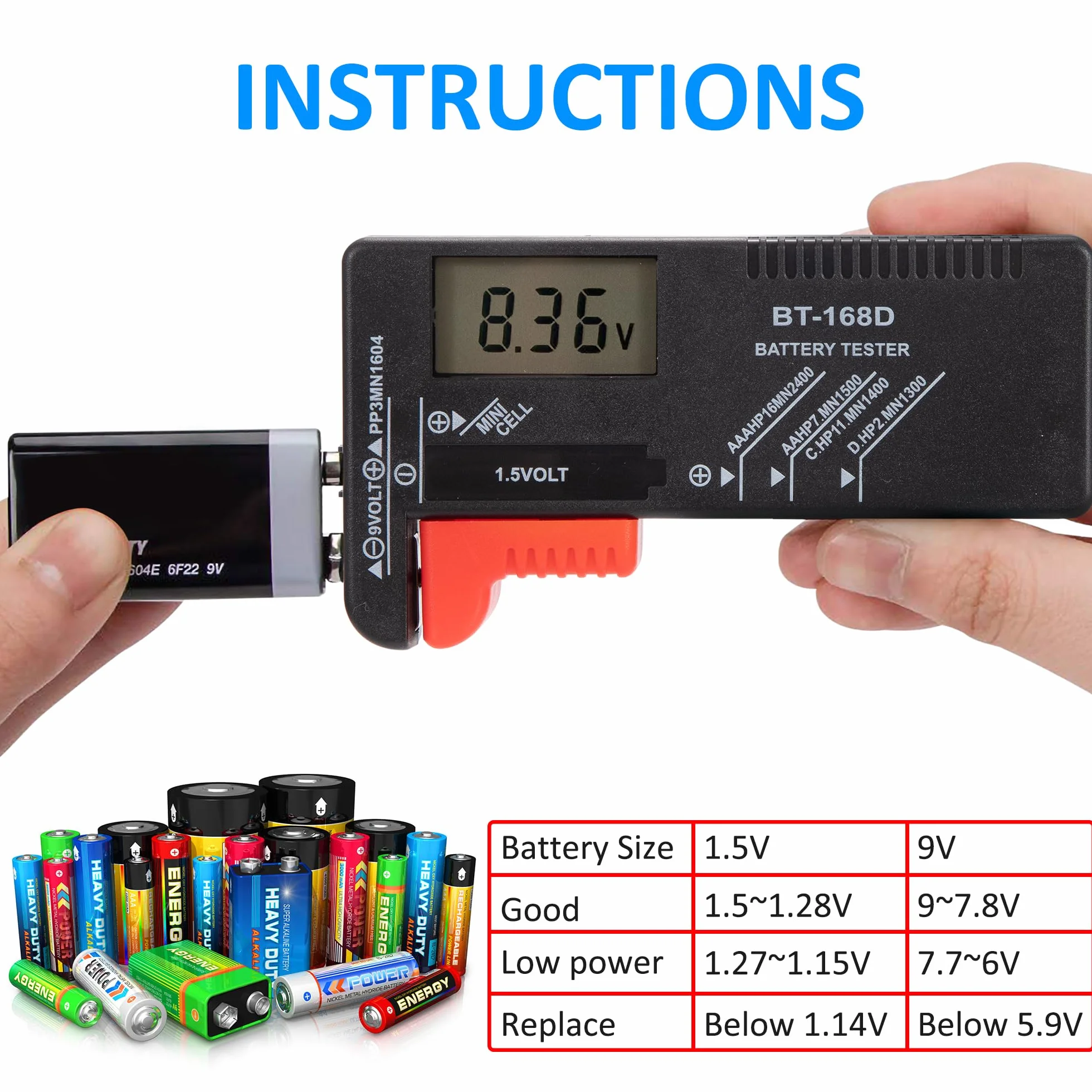 Tunejoy Tester per Batteria Digitale Universale con Display LCD per AA AAA C D PP3 9V 1.5V Bottone