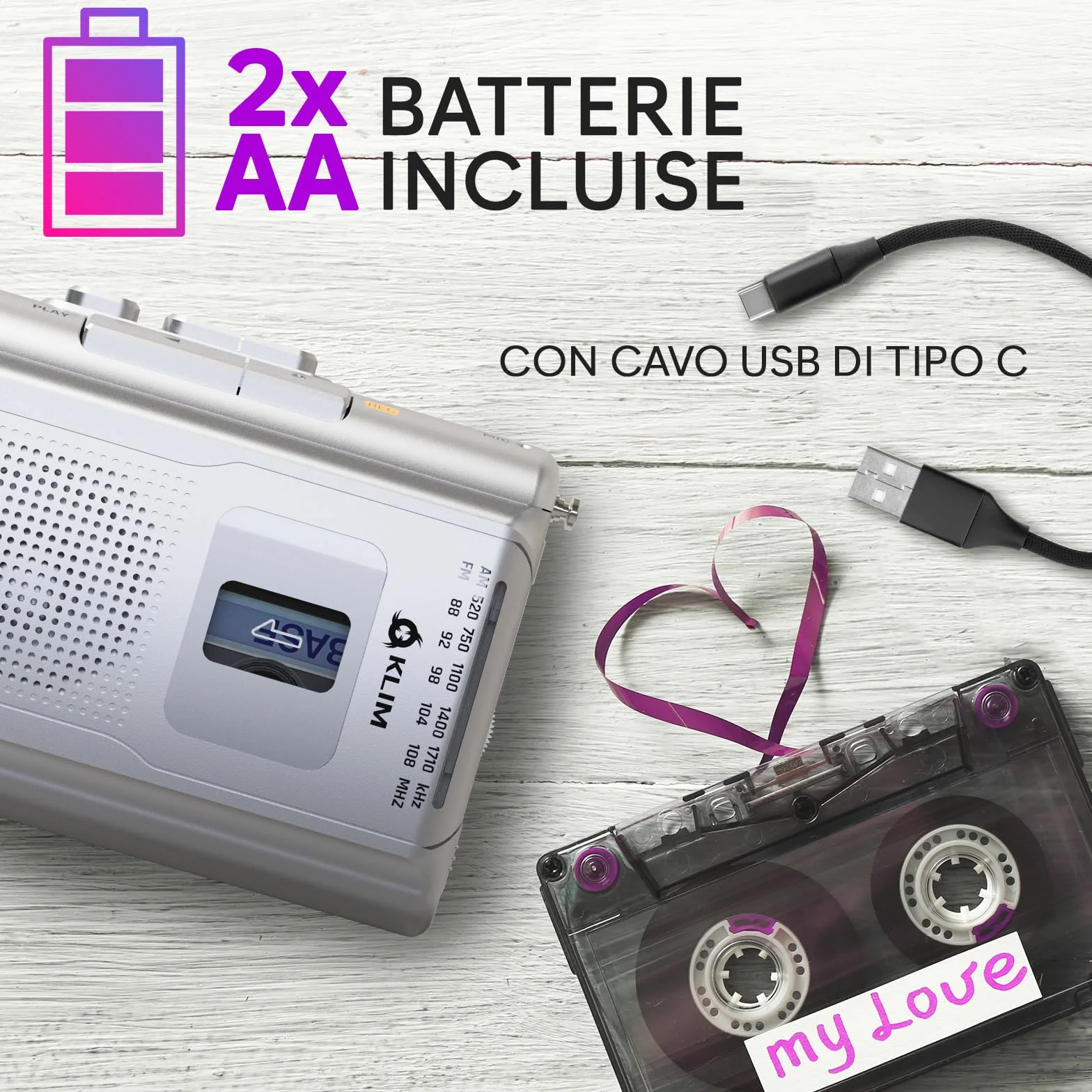 KLIM K8 Lettore Cassette Audio Registratore Radio AM/FM Argento