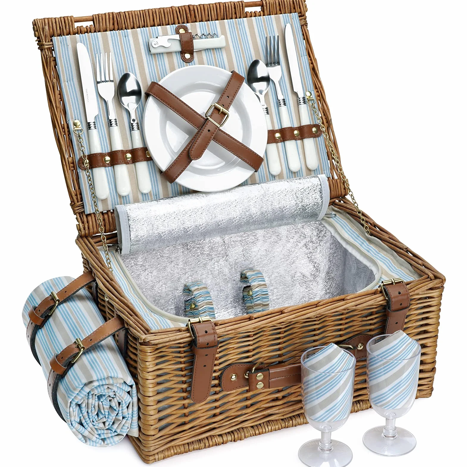 HappyPicnic Wicker - Cestino da picnic per 4 persone, set regalo per campeggio e feste all'aperto (M per 2 persone)