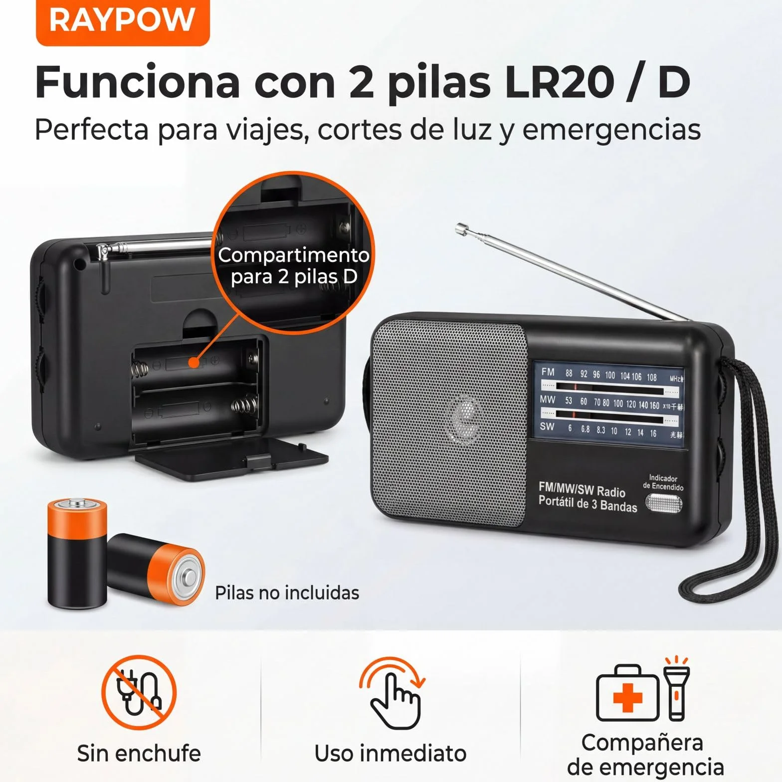 Radio portatile FM AM SW8~SW18 3 bande transistor, altoparlante potente, funziona con 2 batterie AA