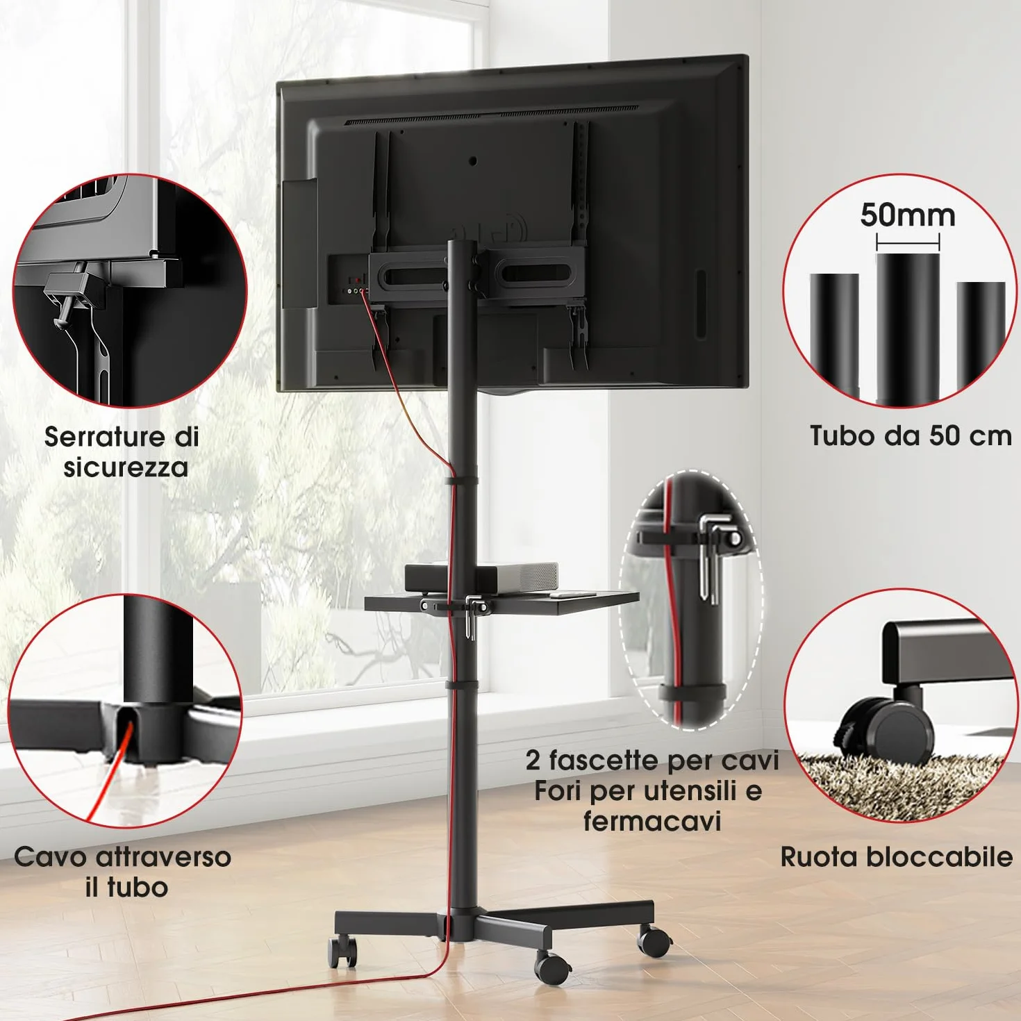 AOKCOS Supporto per TV da 32 a 65 pollici, carrello regolabile con ruote, VESA 400x400 mm, 40 kg, nero