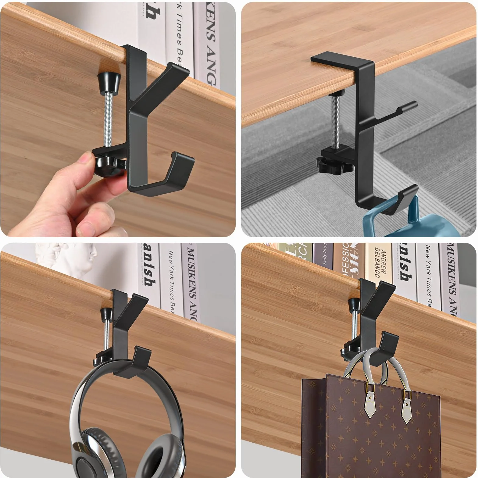Supporto per cuffie regolabile da scrivania, Set da 2 pezzi, porta cuffie multifunzionale per zaini e borse