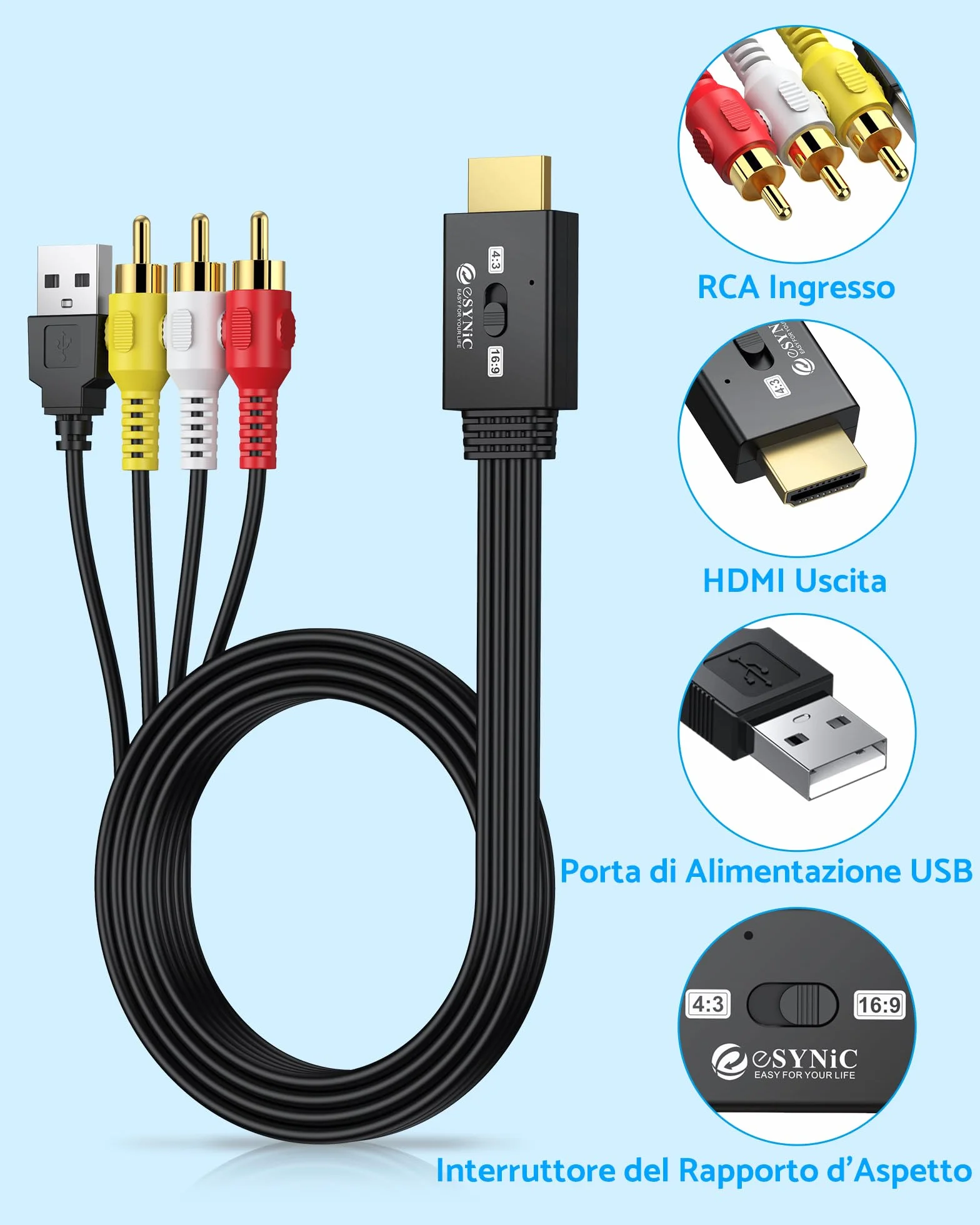 eSynic 1080P Convertitore RCA Maschio a HDMI Maschio con Cavi Integrati 150cm, Adattatore Audio Video CVBS a HDMI, Supporta 3D, per VCR VHS DVD