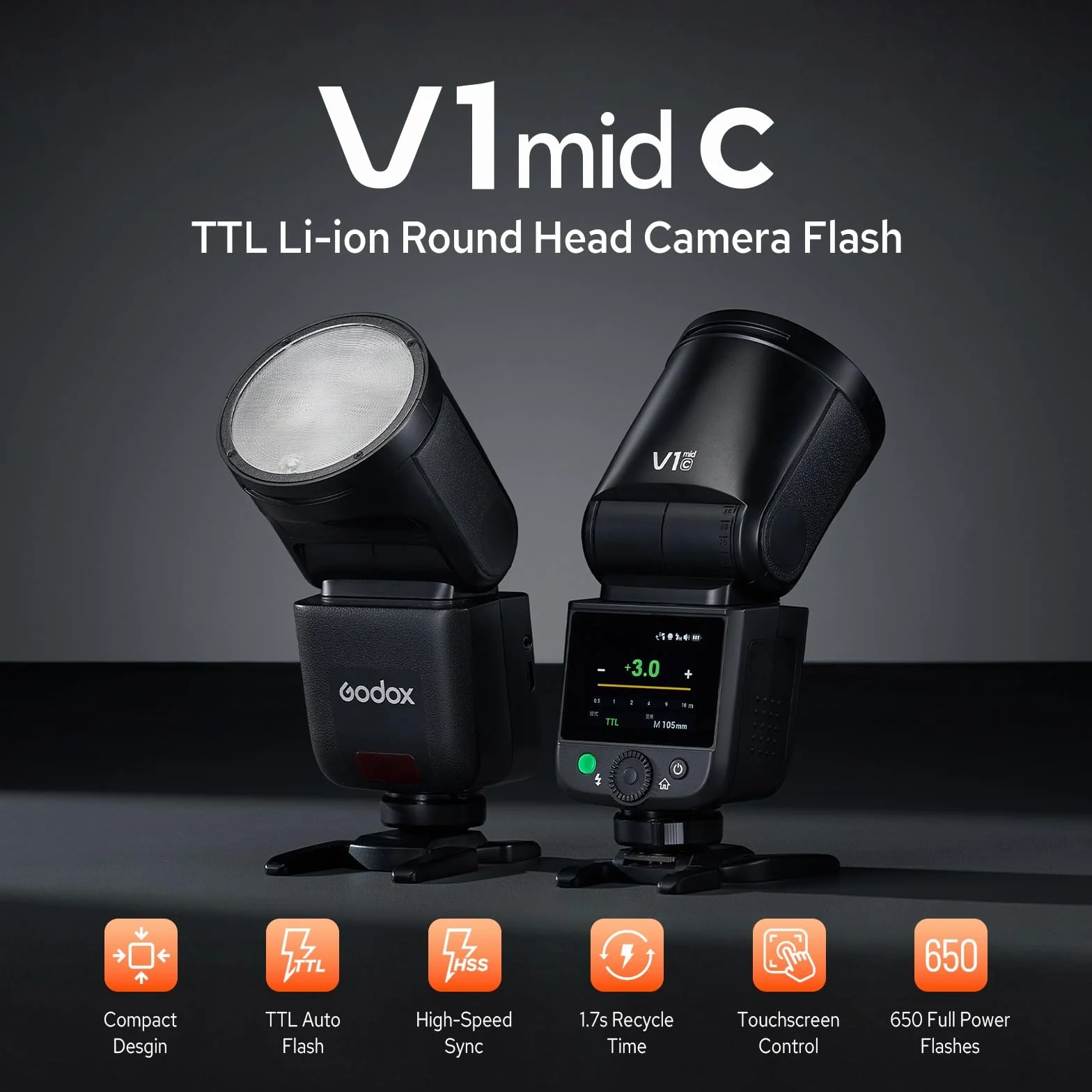 Godox V1 Mid C 55Ws Flash fotocamera testa rotonda Canon 2.4G Wireless TTL HSS 1/8000 USB-C Riciclo rapido 1.7s Batteria litio 7.2V 2200mAh