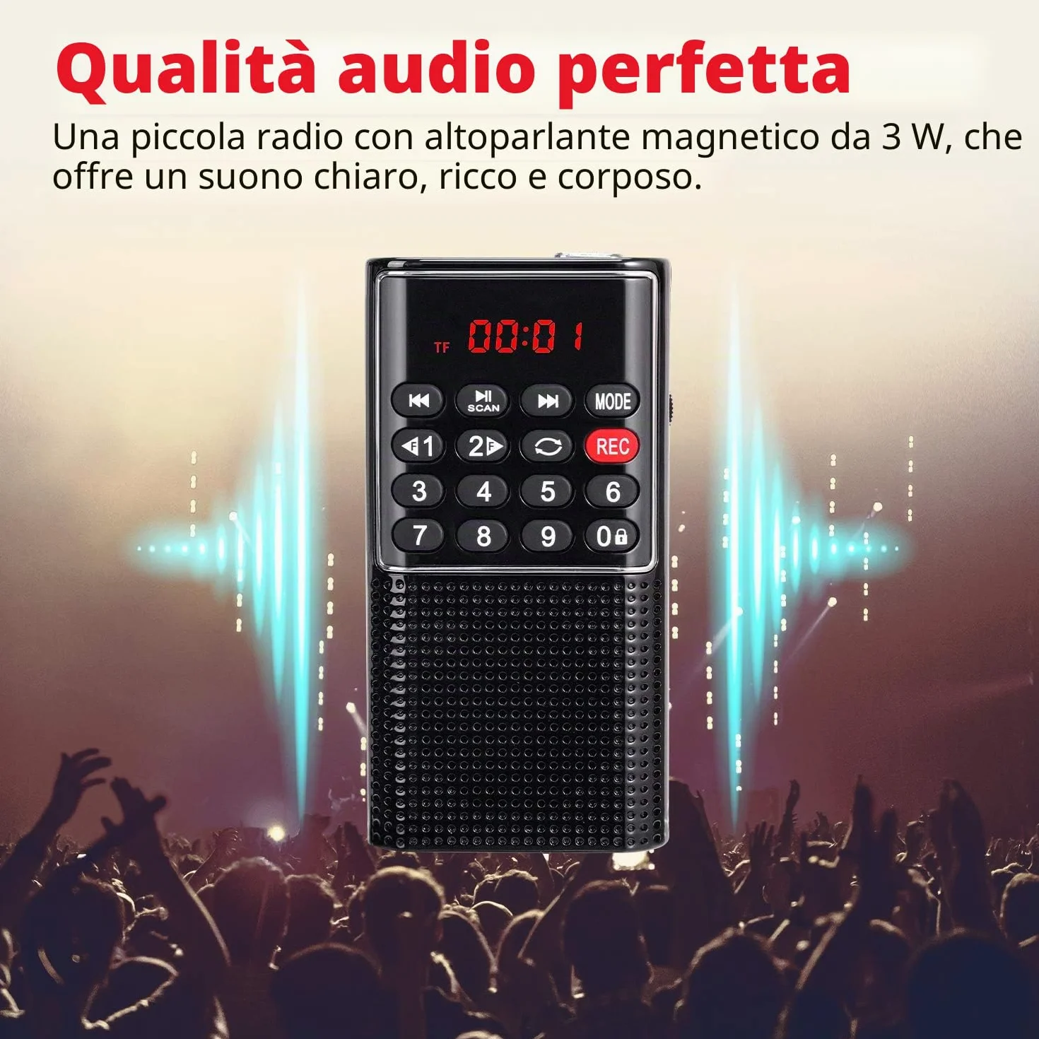 PRUNUS J-328 Mini Radio Portatile FM Walkman Digitale con Registratore, Lettore MP3, Batteria Ricaricabile, Nero
