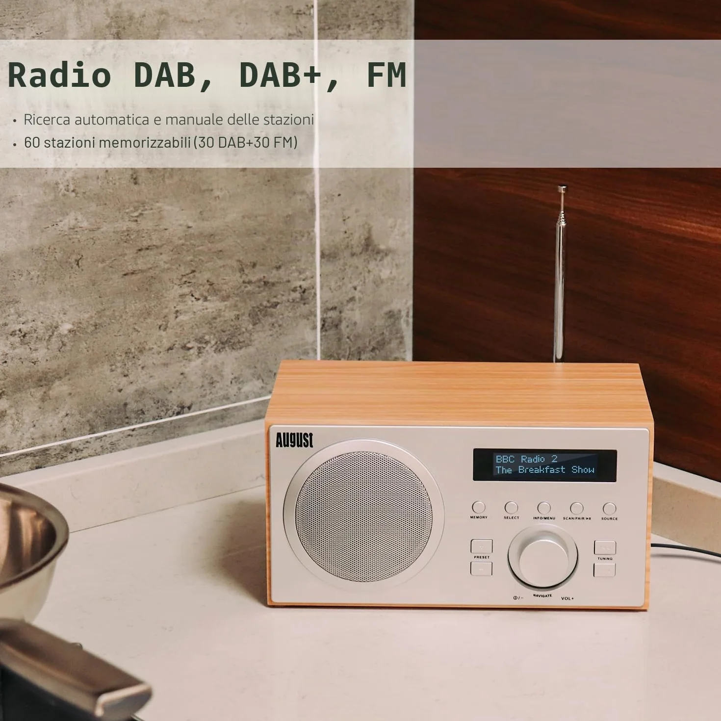August MB420 Radio DAB/DAB+/FM, Radiosveglia Bluetooth, Subwoofer 5W, USB/Aux - Quercia