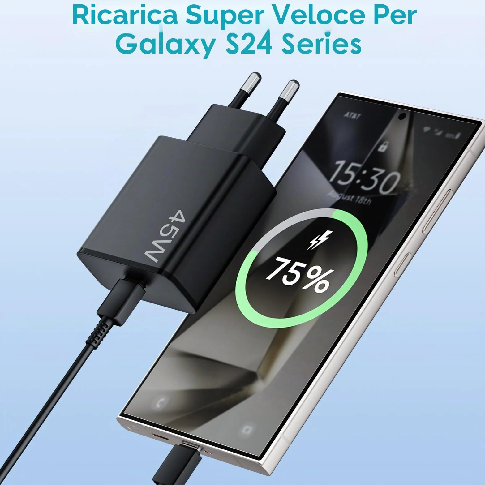 Caricatore rapido USB C 45 W con cavo tipo C 2 m per Samsung Galaxy S25 S24+ S24 Ultra S23+ S23 Ultra S22 Note20 A54 A53 Z Fold5 Fold4 Tab adattatore di alimentazione