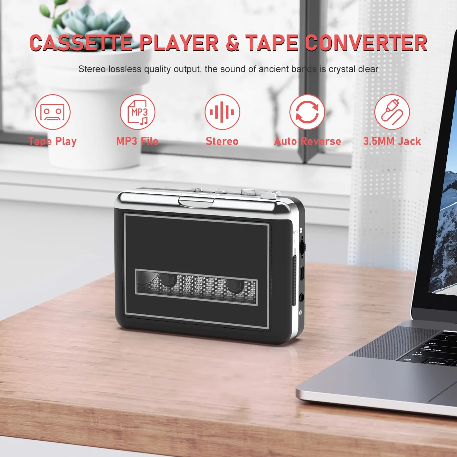 Lettore di cassette retrò USB per digitalizzazione e registrazione audio, compatibile con laptop e PC