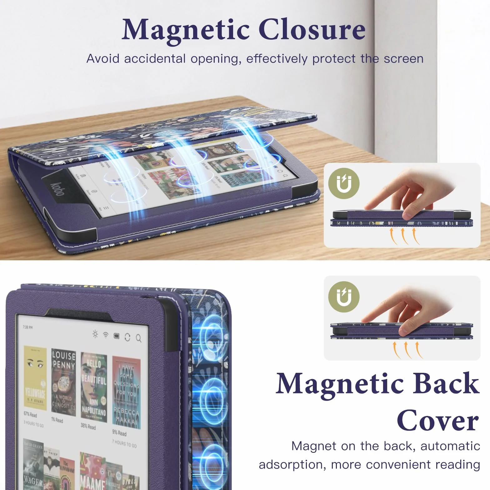 MoKo Case dla Tolino Shine Color/Shine 5(2024)/4(2022) Kobo Clara Colour/BW/2E, PU Cover z Auto-Awakening/Sleep, Slot, Pasek i Podpórka, Nocny Niebieski