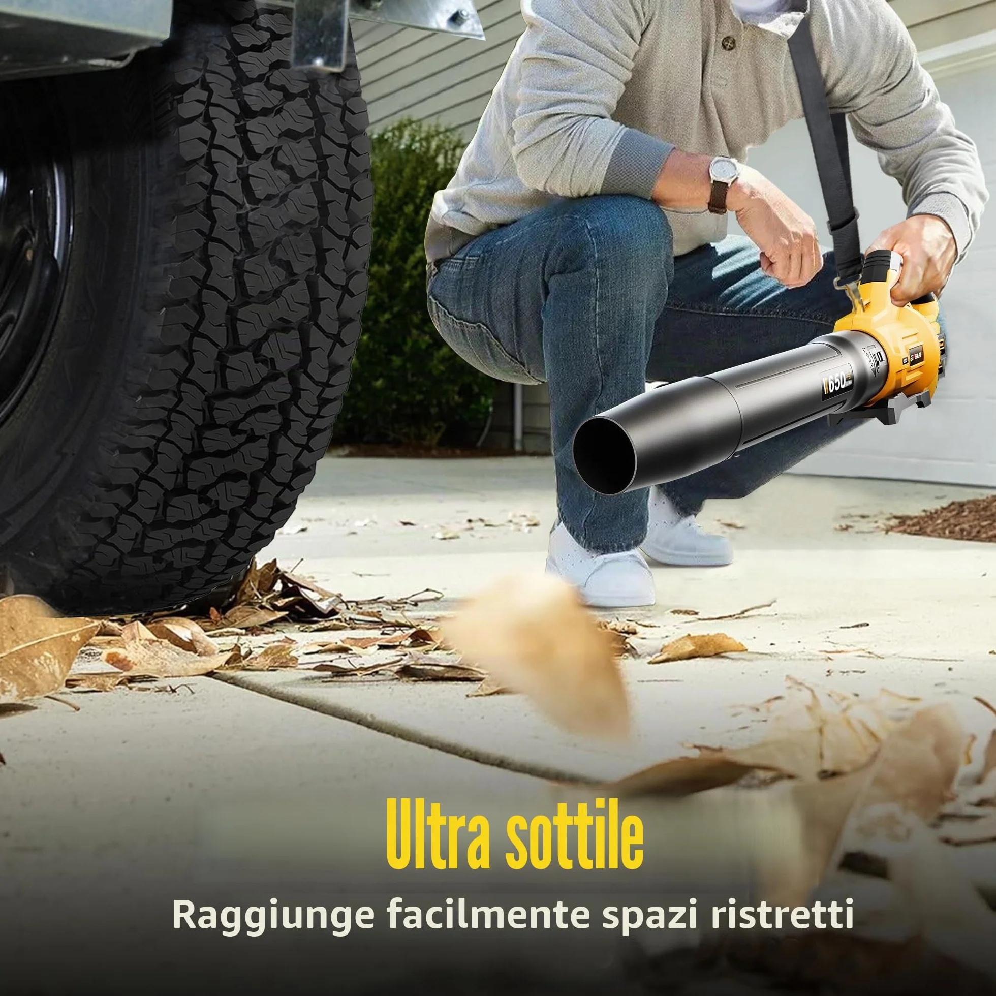 GEVEELIFE Soffiatore elettrico a batteria, 18 V, 257 km/h, con batterie a 3 marce e 2 batterie da 5,2 Ah, senza fili, per giardino, foglie, polvere e neve (batteria inclusa), giallo