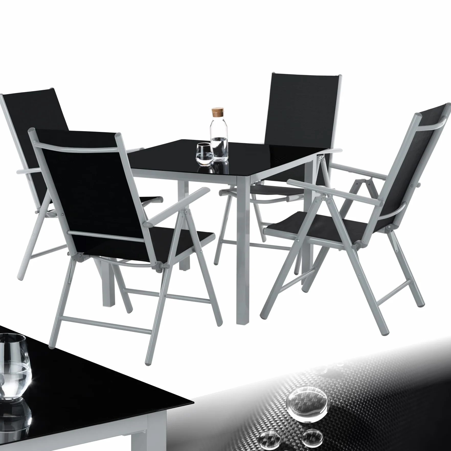 tectake® Set Tavolo da Esterno con Sedie, Telaio Alluminio, 1 Tavolo da Giardino Piano in Vetro, 4 Sedie Pieghevoli, Schienale Reclinabile 8 Posizioni, Set Resistente alle Intemperie - Grigio/Argento