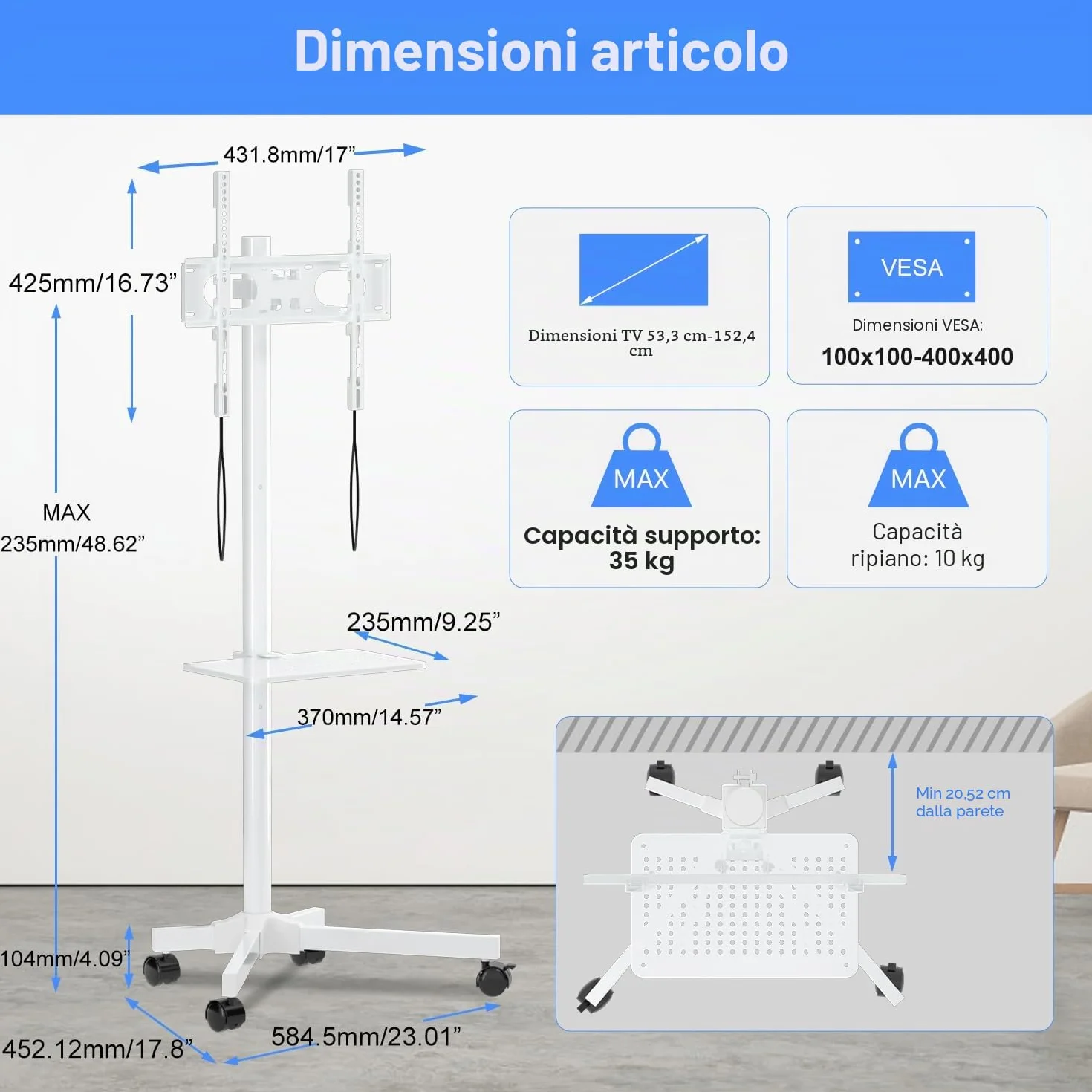 Supporto per TV su Ruote 21-60 Pollici VESA 400x400 mm Bianco 35 kg