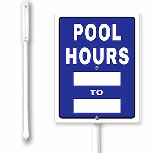 Cartello "Pool Hours to Yard con paletto", 20,3 x 30,5 cm, in alluminio, facile da installare, per uso esterno
