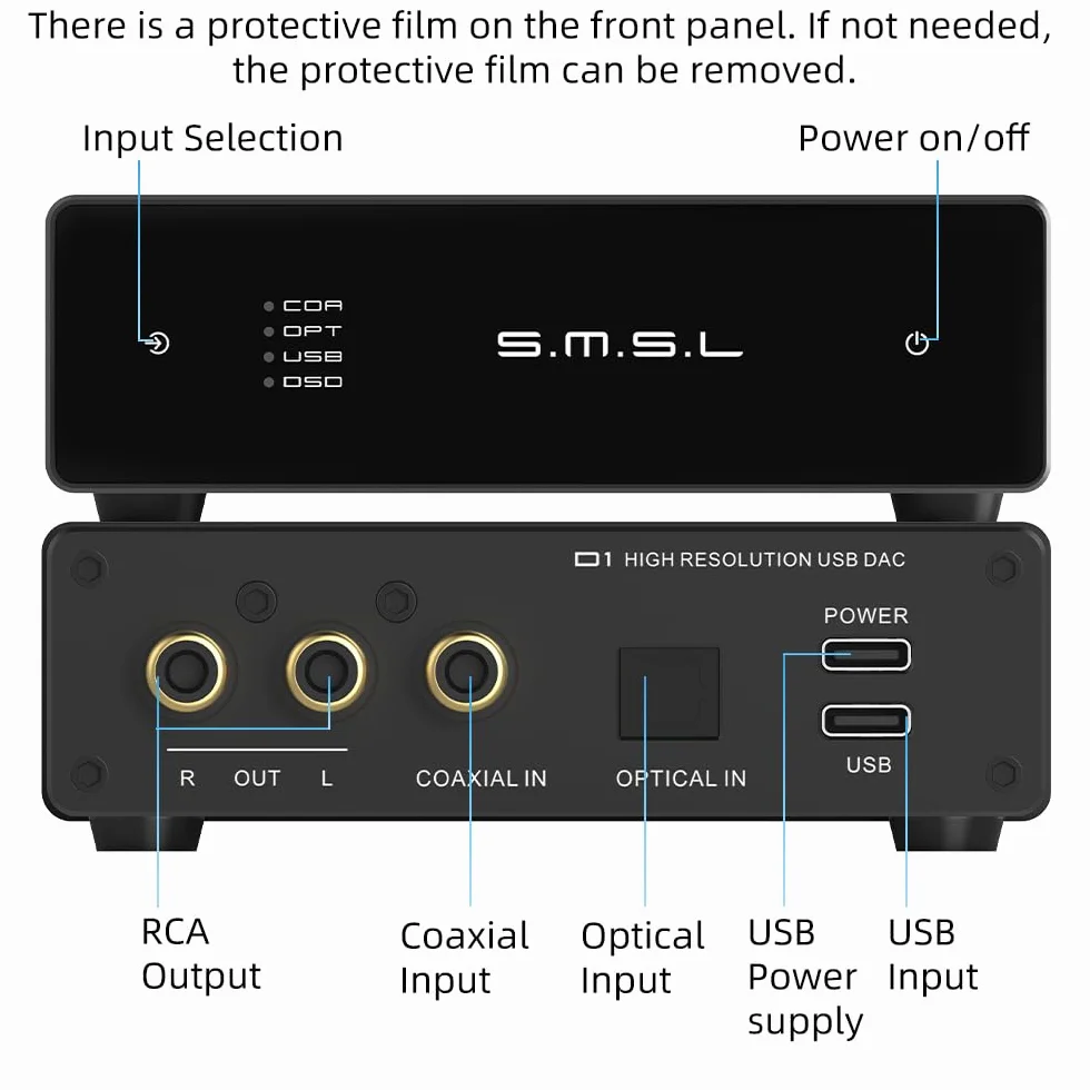 SMSL D1 DAC Hi-Res Audio Rohm BD34352EKV 768kHz/32bit DSD512 MQA USB/Optical/Coaxial RCA SNR126dB