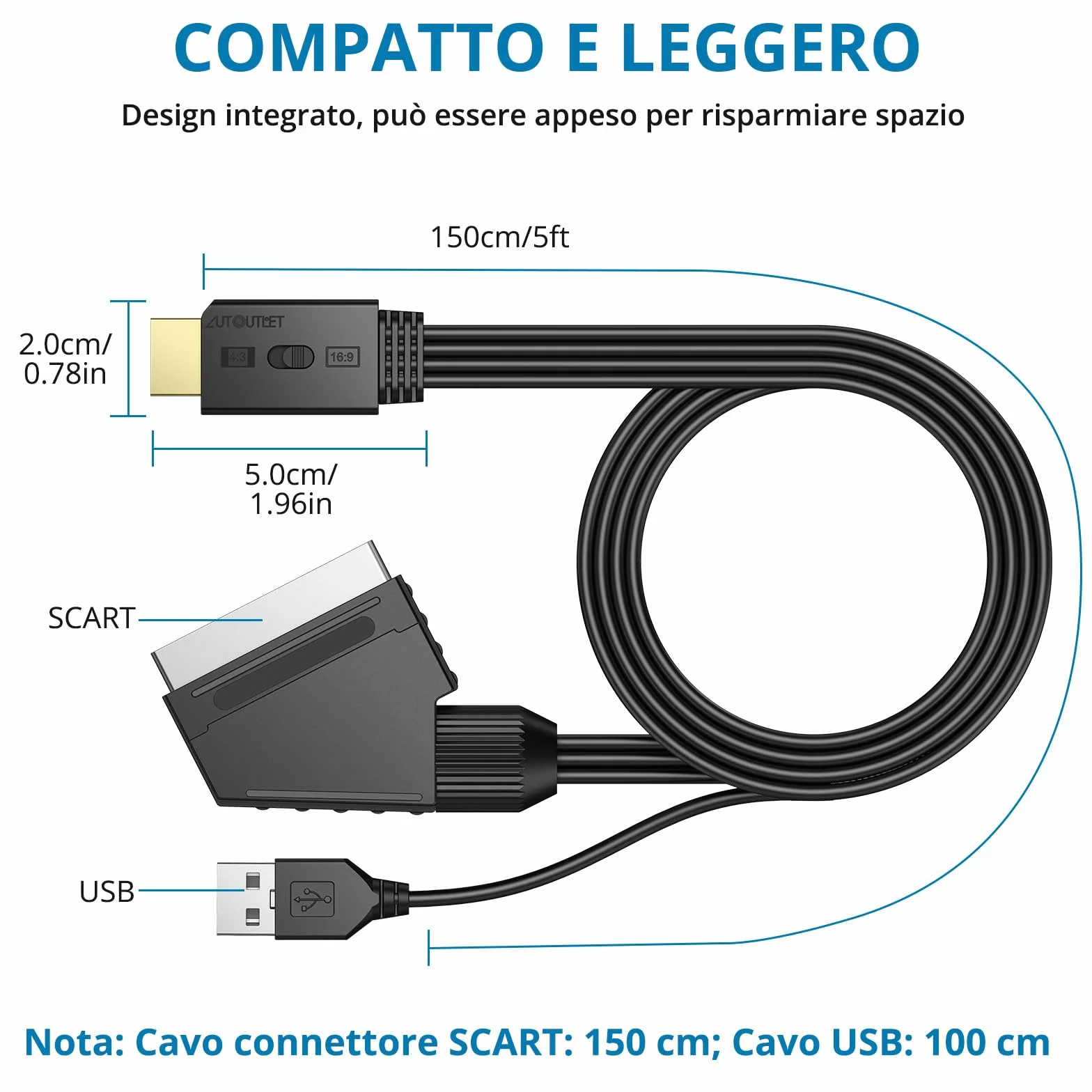 AUTOUTLET Convertitore Scart a HDMI 1080P Supporto Conversione 16:9 4:3 PAL NTSC Adattatore con Cavo 150 cm