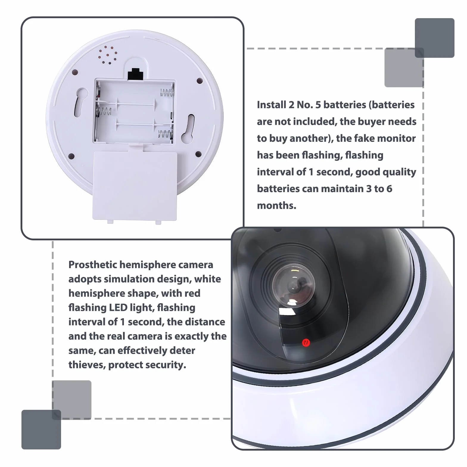 Telecamera Finta a Cupola con Luce LED Lampeggiante Rossa, Sorveglianza Interni Bianca CCTV