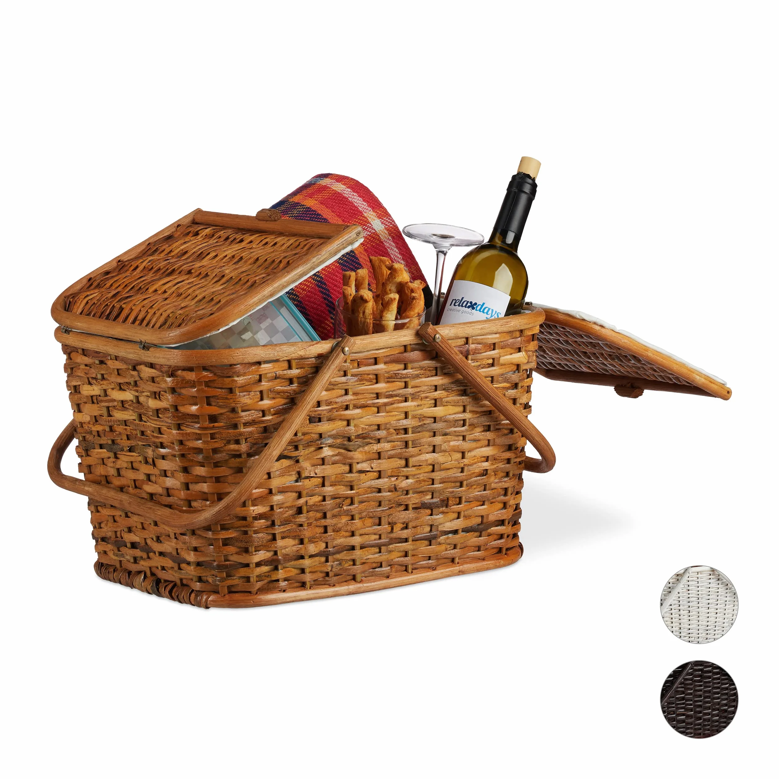 Relaxdays Cestino da Picnic con Coperchio, Intrecciato, Fodera in Tessuto, Manici, Cesto per Spesa, Fatto A Mano, Rattan, Miele