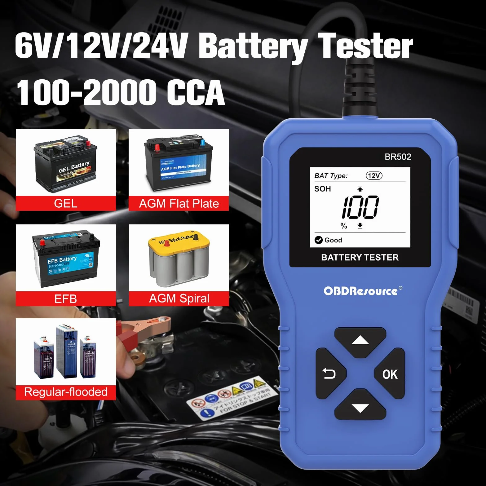 Tester Batterie 6V/12V/24V 100-2000 CCA 2-220 Ah Analizzatore per Auto Moto Tosaerba