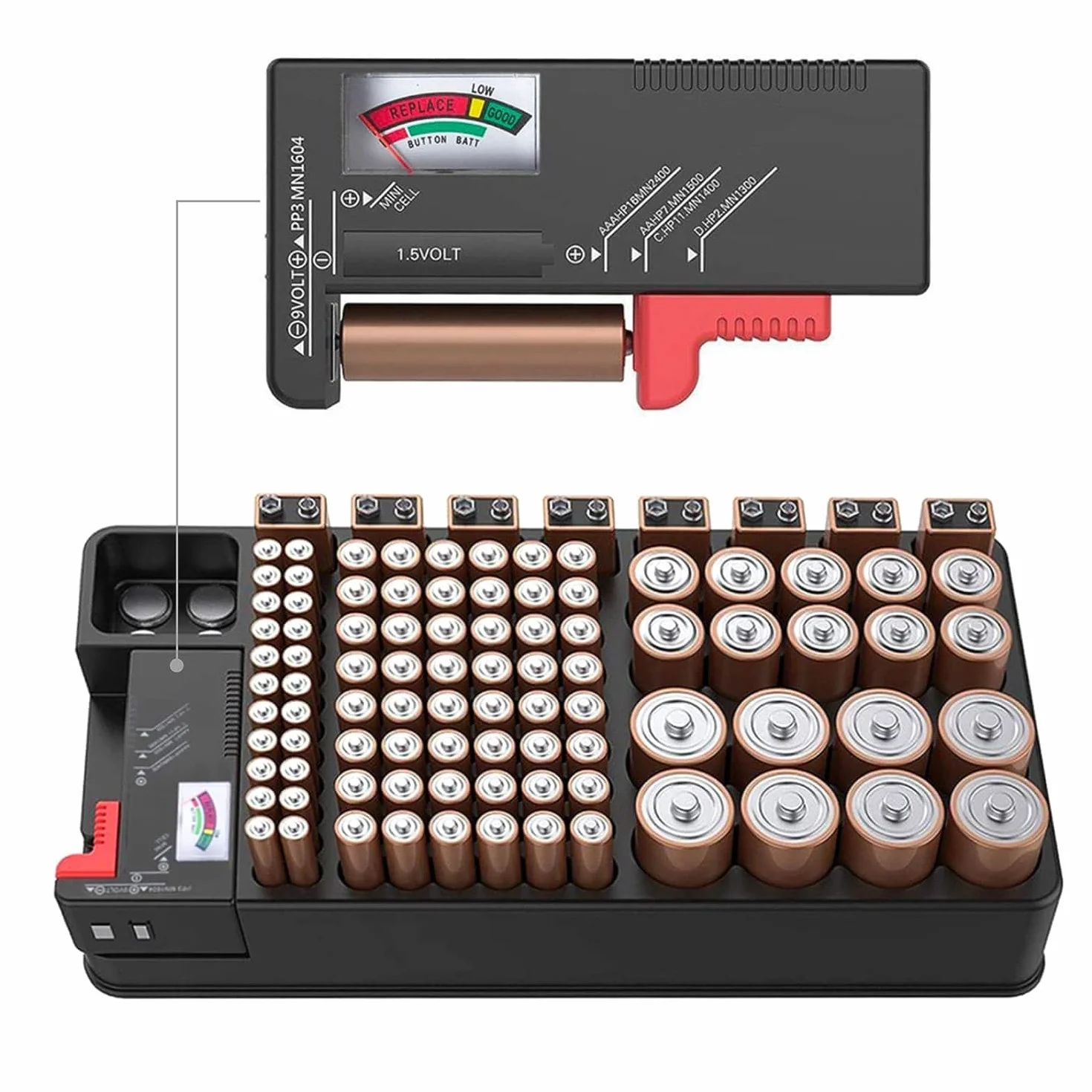 Organizzatore di Batteria 110 Slot per AAA AA 9V C D con Tester Rimovibile