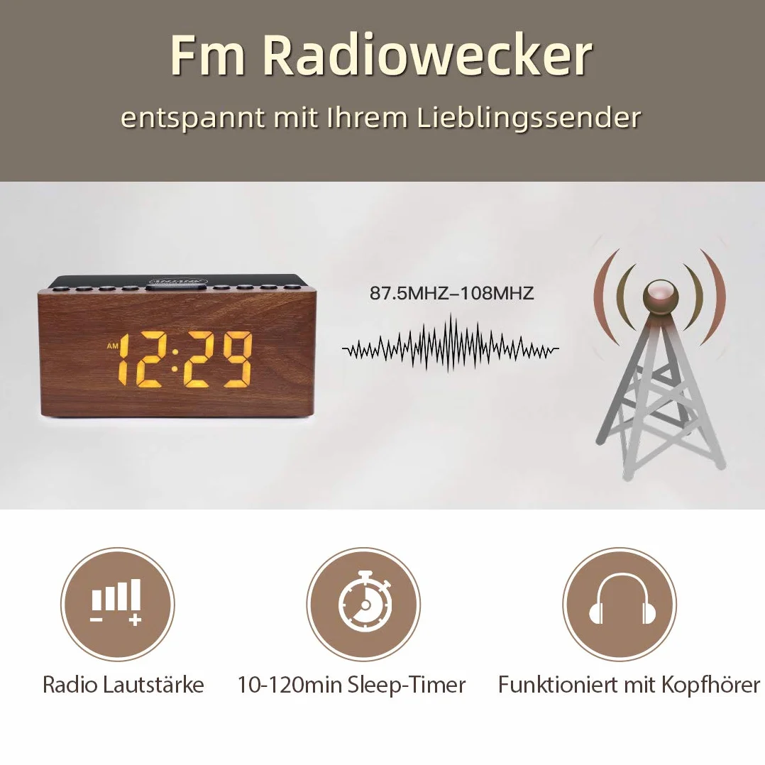 ANJANK Radiosveglia Digitale con Radio FM, Stazione di Ricarica Wireless Veloce 10W per iPhone/Samsung Galaxy, Display LED, Dimmer 5 Livelli, USB