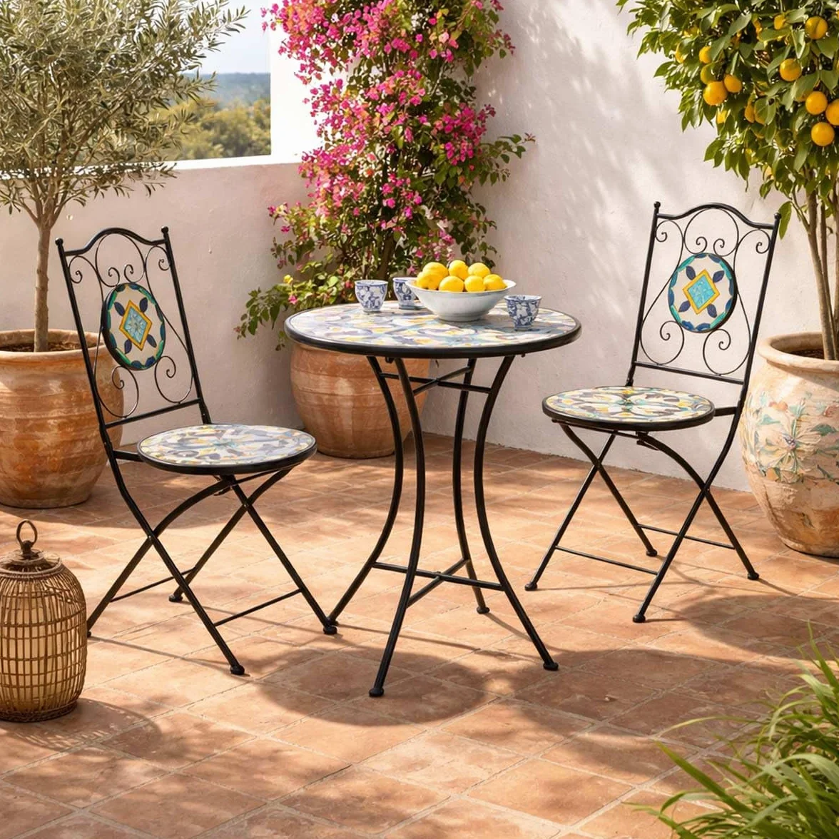 Yellowshop - Set Bistrot Positano da Giardino, Balcone, Veranda, Terrazzo 3 Pezzi, Tavolo e 2 Sedie Pieghevoli in Metallo e Piano in Ceramica Decorata Maiolica