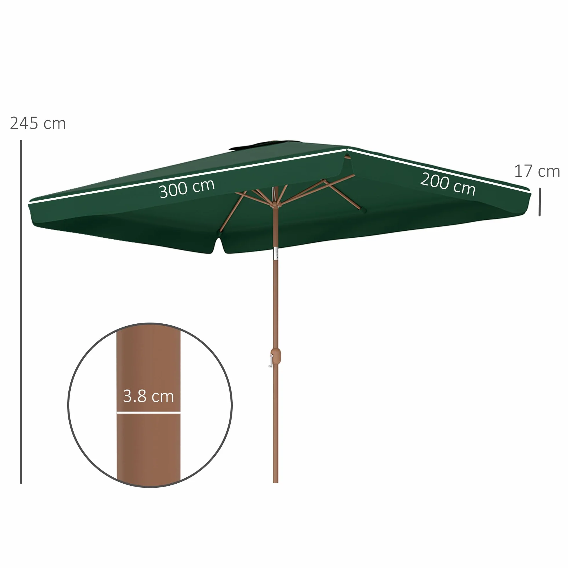 Outsunny Ombrellone da Giardino 2x3 m Inclinabile con Apertura a Manovella, Presa d'Aria e Bordo a Balze, Ombrellone da Esterno Rettangolare Anti UV 50+ in Alluminio e Poliestere 180 g/㎡