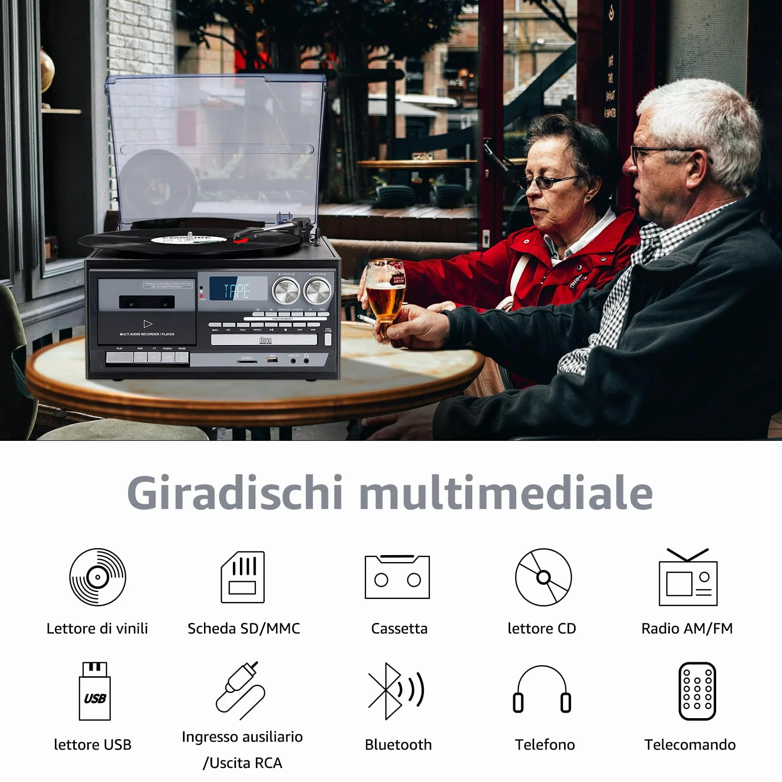 Giradischi Vintage 9 in 1 con Bluetooth, 3 Velocità, Lettore CD e Cassette, Radio AM/FM