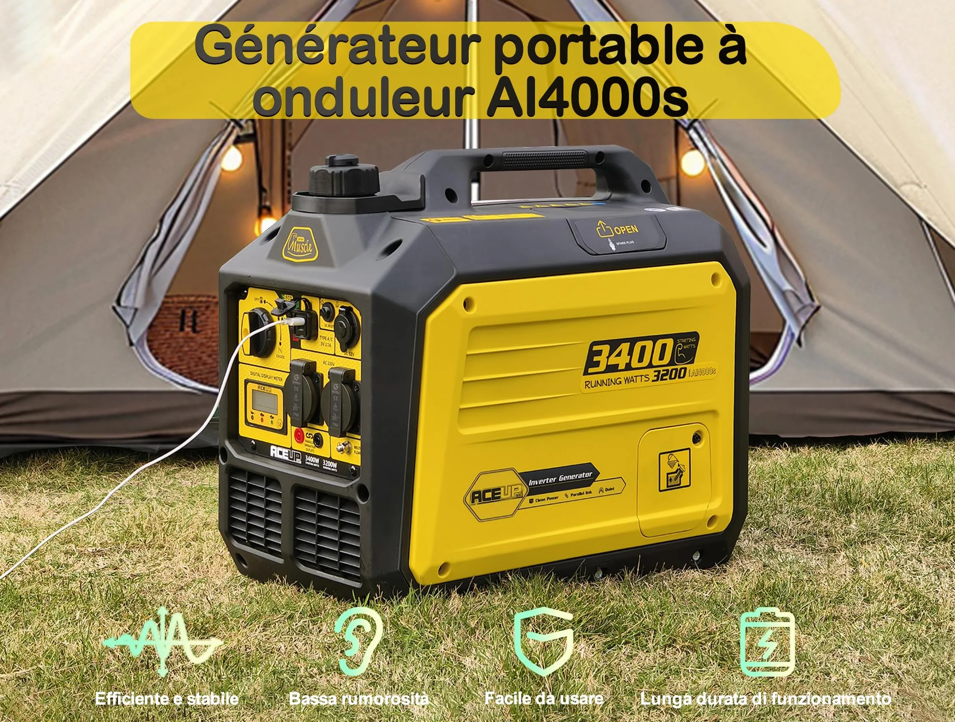 Aceup Energy 3400W Generatore Inverter Generatore di Corrente Benzina con Display Digitale Prese Multiuso Modalità Eco, per il Campeggio L'esterno, L'uso domestico Portatile e Silenzioso
