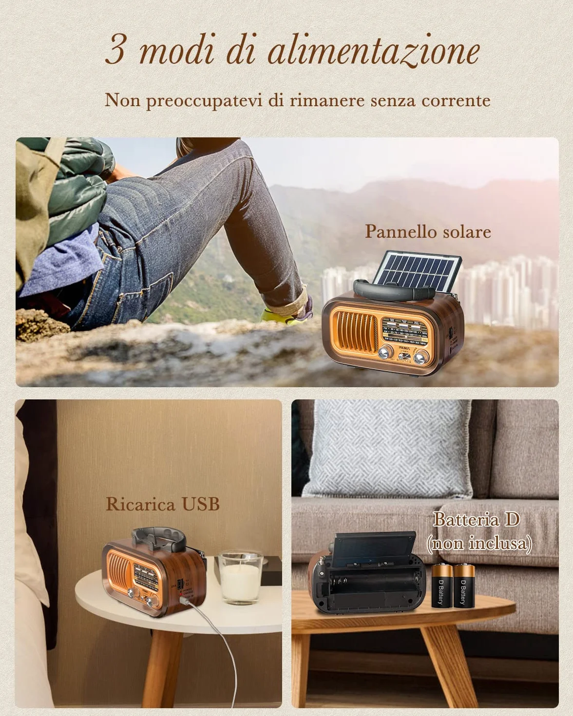 PRUNUS J-150 Radio Portatile Vintage FM/AM/SW Bluetooth Solare Ricaricabile