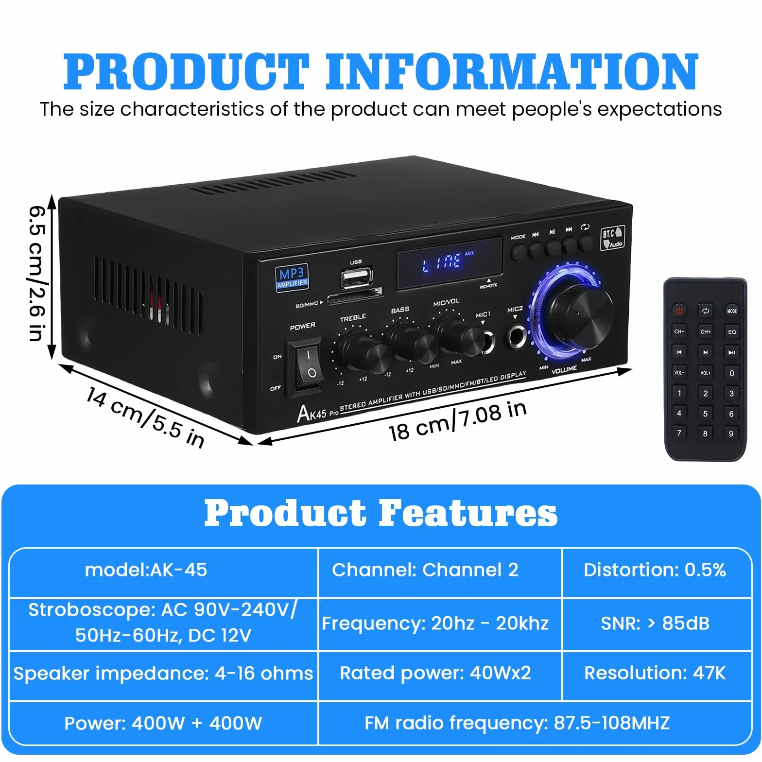 AK45 Amplificatore HiFi Mini Stereo Bluetooth 2.0 Canali 40W X 2 12V/240V Telecomando