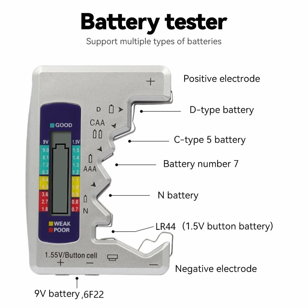 Tester Batterie Digitale con Display LCD per 1,5V AA AAA C D N Bottone 9V 6F22