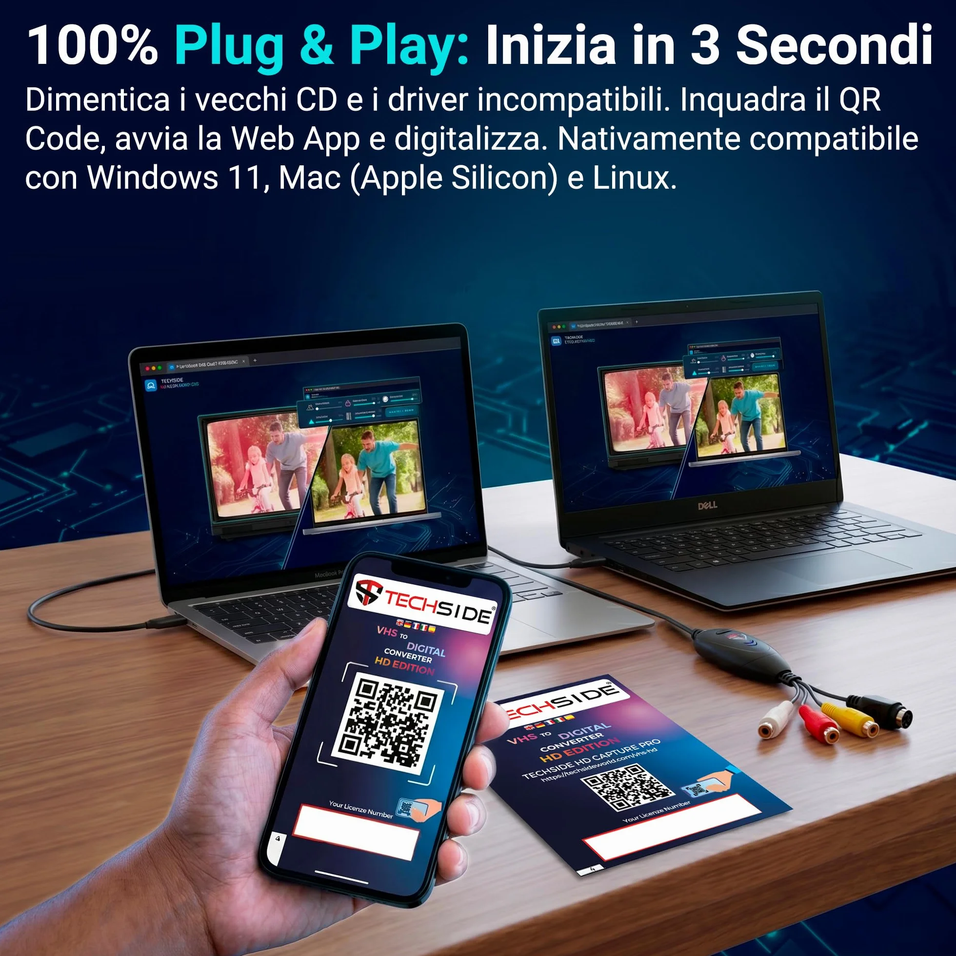 TechSide Video Grabber 2025: Convertitore VHS in Digitale USB 2.0 con SCART e RCA per Videoregistratore, Hi8, Mini DV – Scheda Acquisizione Video MP4