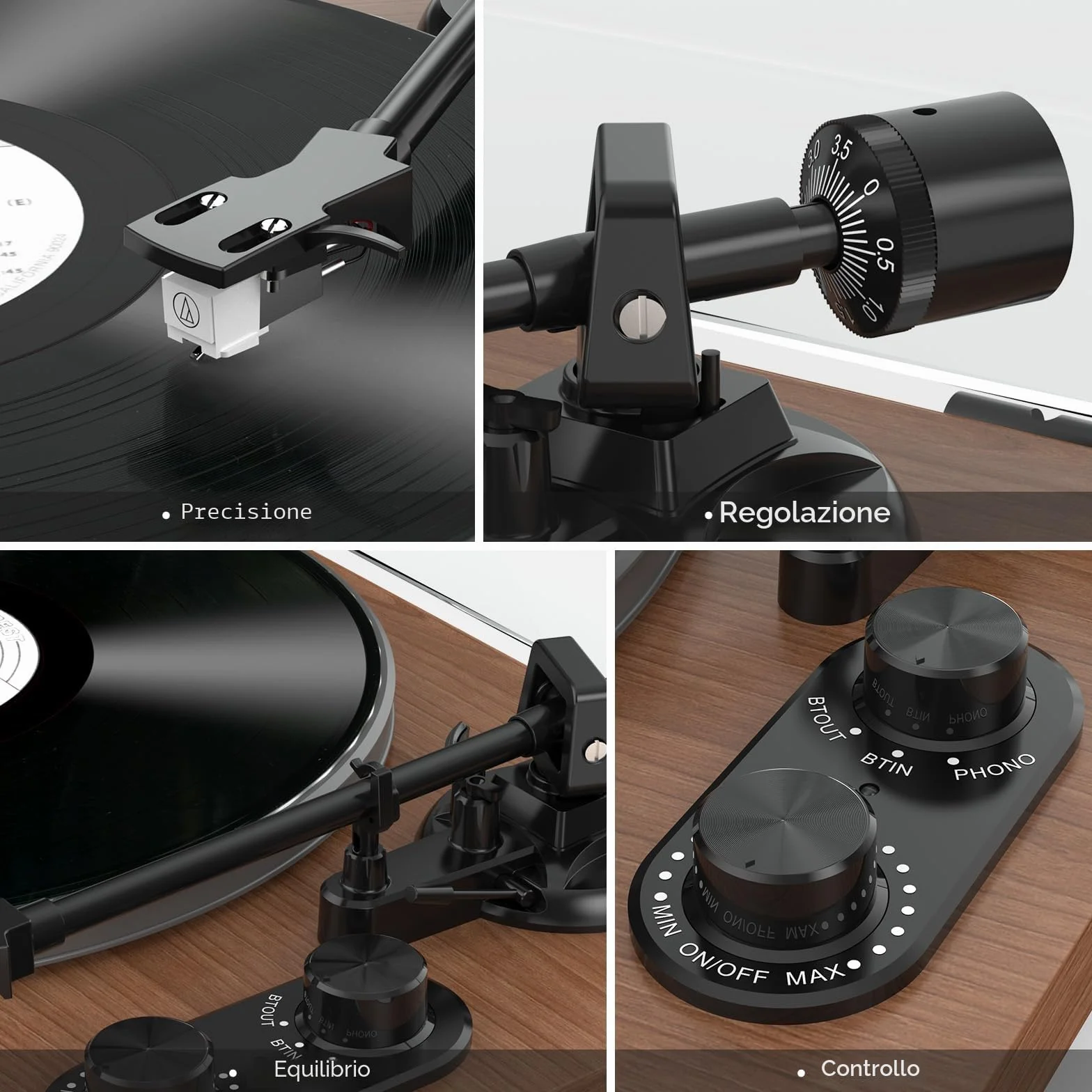 Udreamer Giradischi Sistema Hi-Fi 40 W Lettori Vinile Bluetooth Piatto Alluminio Trasmissione Cinghia 2 Velocità AT-3600L Marrone